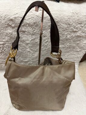 Braciano Beige Nylon Shoulder Bag with Dark Brown Strap